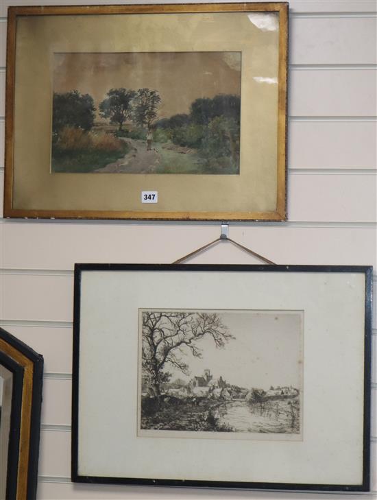 James Moore, watercolour, Figure on a lane, signed, 23 x 37cm and an etching by James Knight of a church